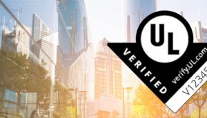 UL Verified Mark on a blurred skyscrapers background