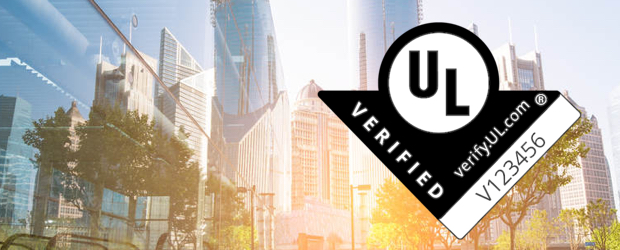 UL Verified Mark on a blurred skyscrapers background